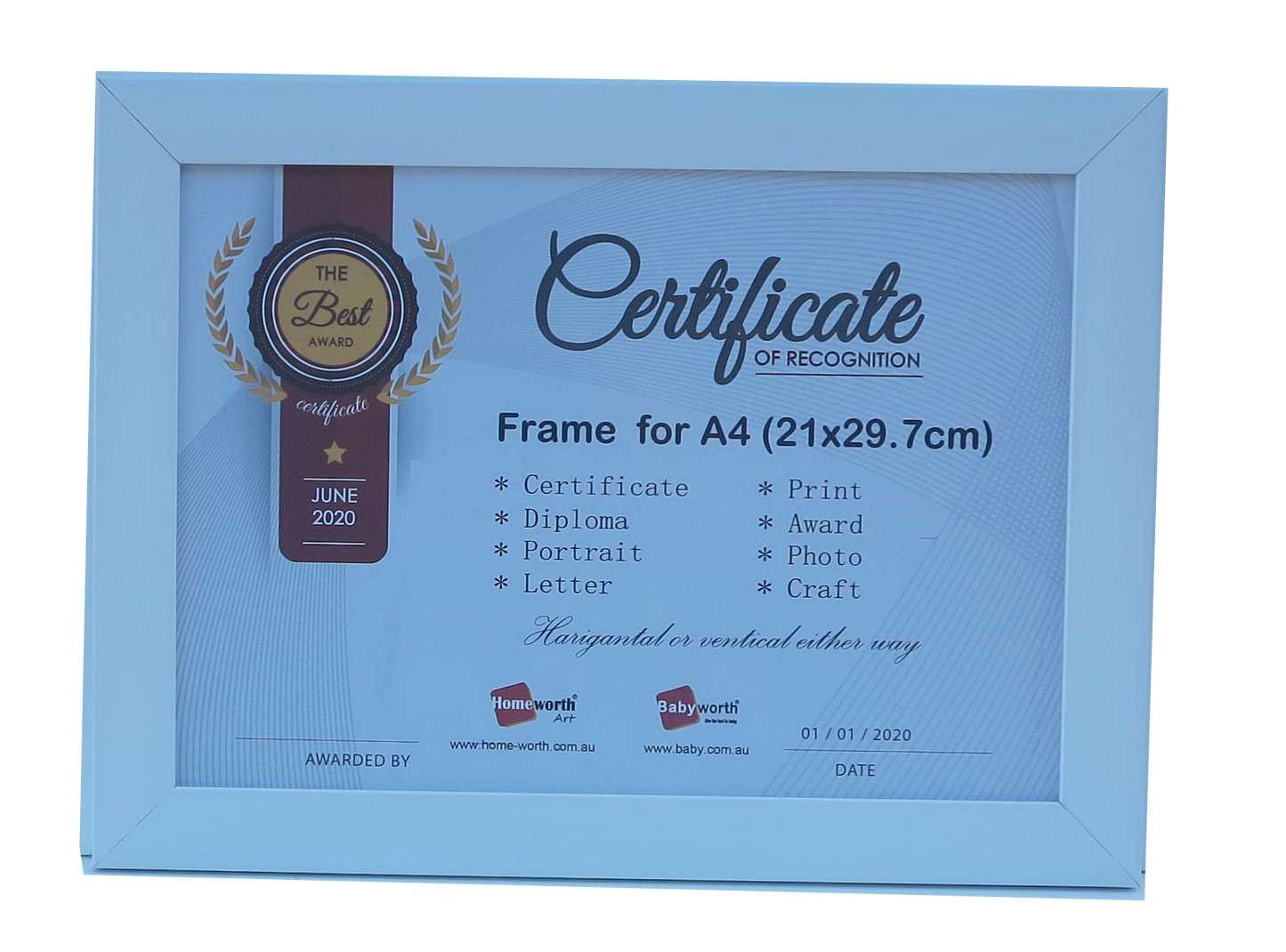 Homeworth Photo Frames - Certificate Series - White, Black or Timber - A4 A3 A2 4X6 5X7 8X10 11X14 12X16 16X20 20X24 24X36 - Babyworth